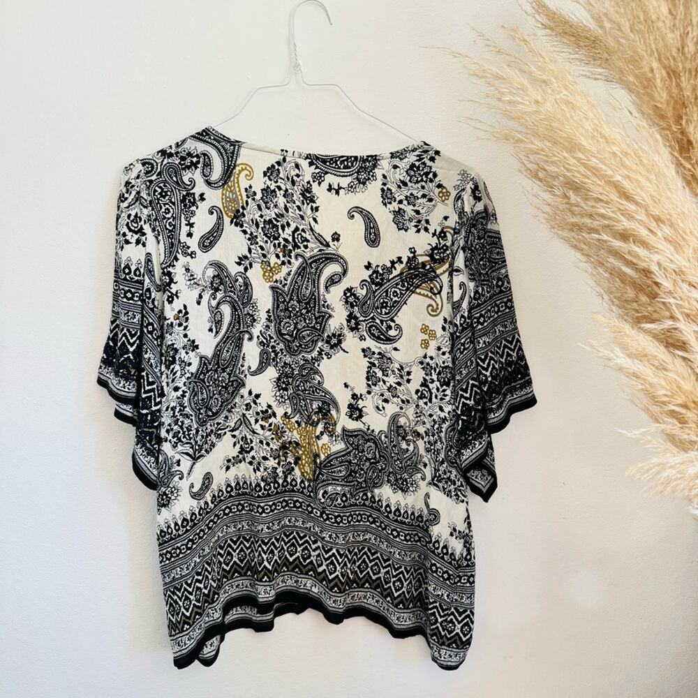 VINTAGE FORBIDDEN Black White Beige Paisley Print Boho Poncho Blouse Shirt Top L - Picture 6 of 13